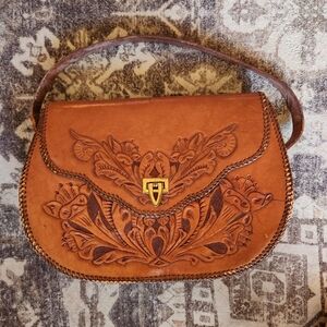Vintage Hand-Tooled Brown Leather Handbag